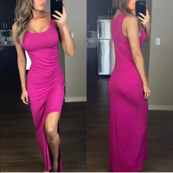 Bobeau Bright Neon Pink Side Slit Maxi Dress PXS - Picture 2 of 5